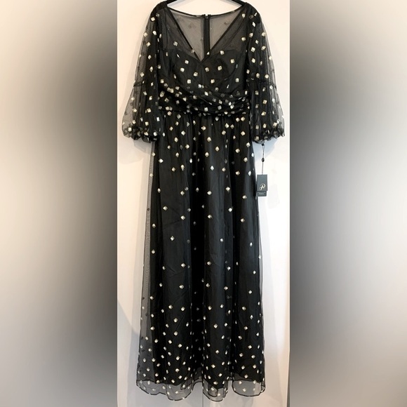NWT, Adrianna Papell "Glitter Tulle Long Dress" in Black w/ Puff Sleeve, Size 8 - Picture 2 of 12